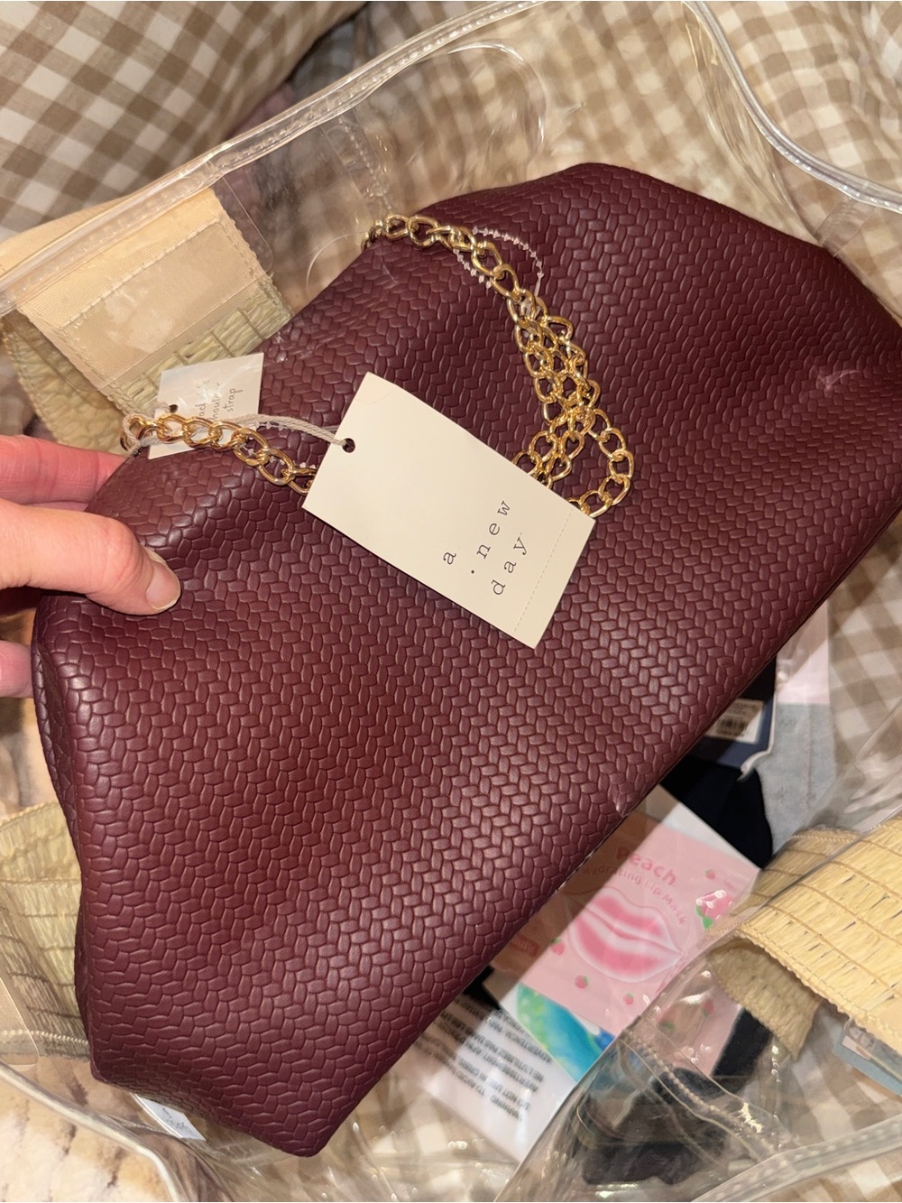 a new day Wine Woven Clutch with Gold Chain Strap